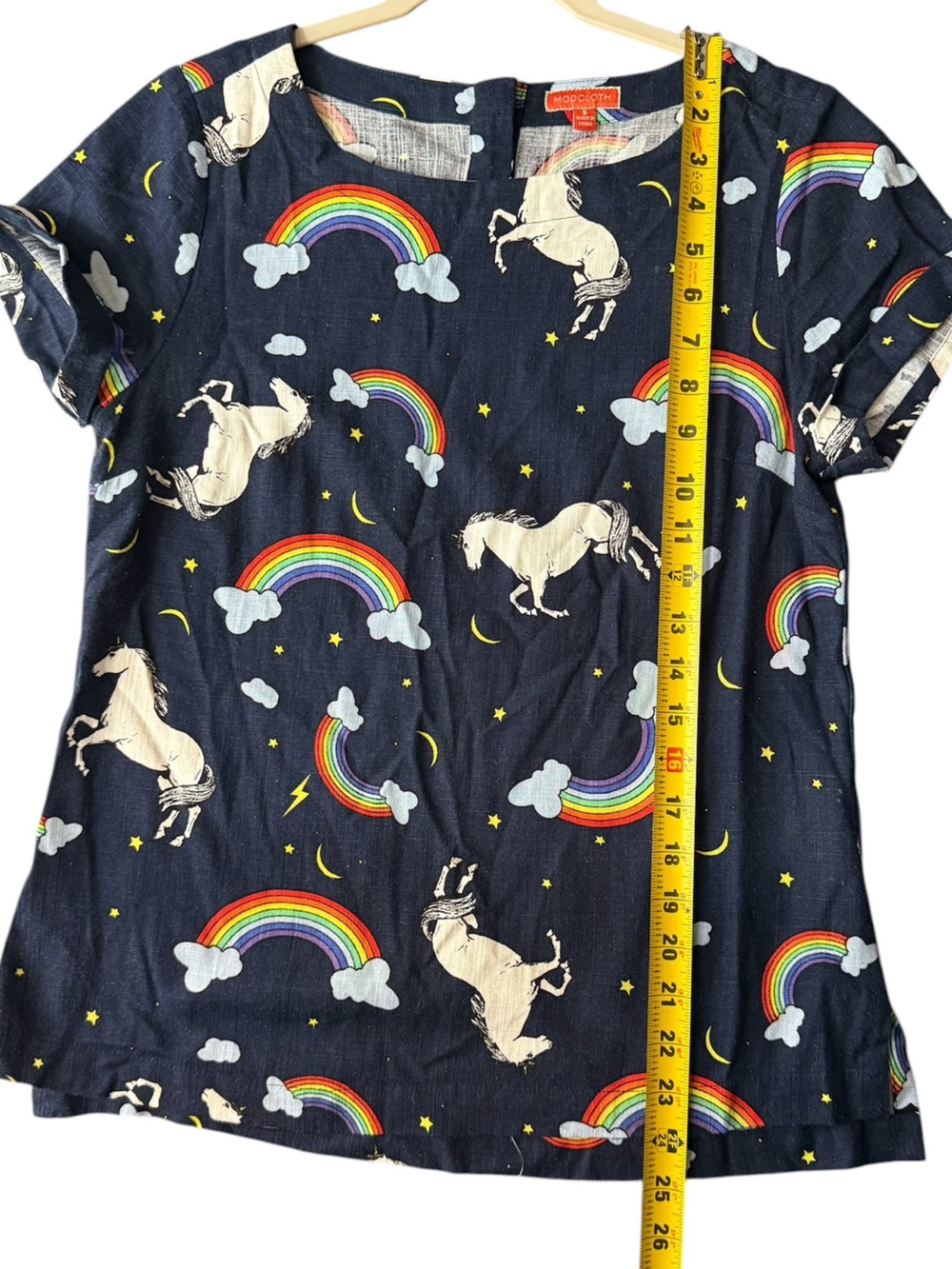 ModCloth Rainbow Unicorn Print Linen Blend Boxy Top Women’s Small Navy - Picture 7 of 13